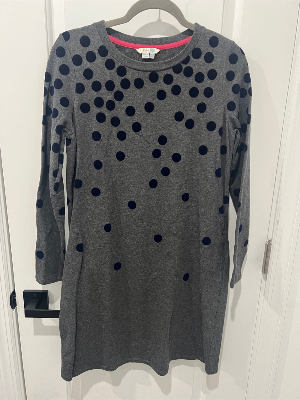 Boden 100% Cotton Charcoal Gray Knit Top with Navy Polka Dots Size 8